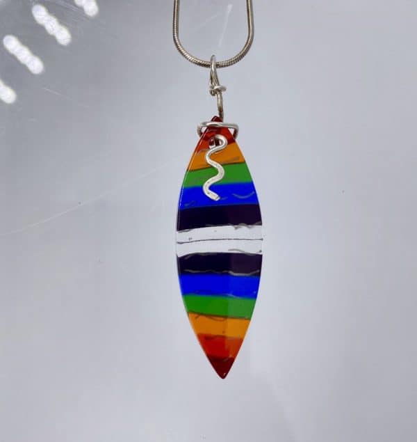 Pointed oval striped rainbow pendant with a squiggle shaped bail