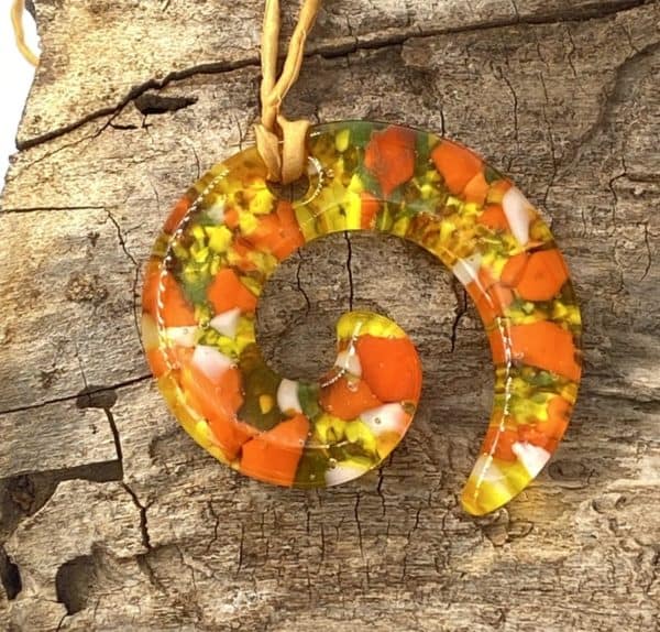 Orange, yellow and a little green spiral 2.5" pendant with coordinating silk ribbon