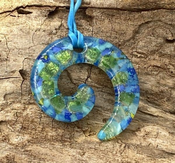 Green blue and turquoise 2.5" swirl pendant with coordinating silk ribbon
