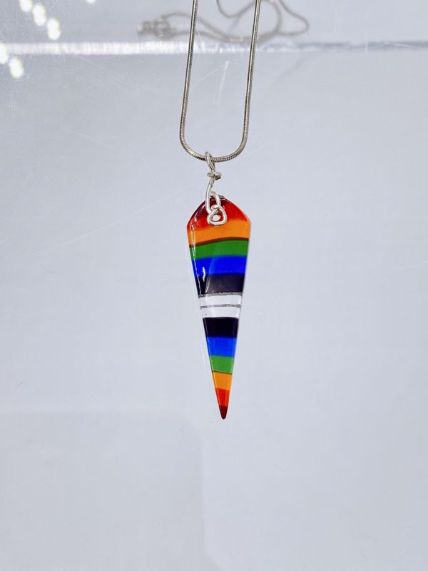 long arrow shaped striped rainbow pendant with hand crafted sterling silver bail