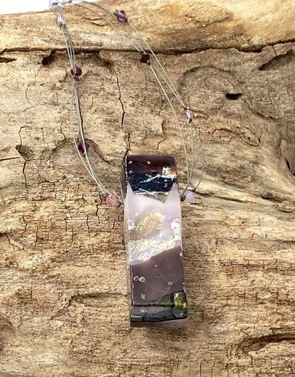 Chunky purple pink and blue with sparkly dichroic glass on a hand crafted wire chain with swarovski crystal beads and toggle clasp