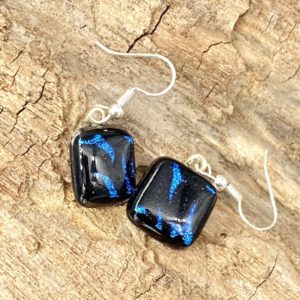 square black dangle earrings with blue and purple accents