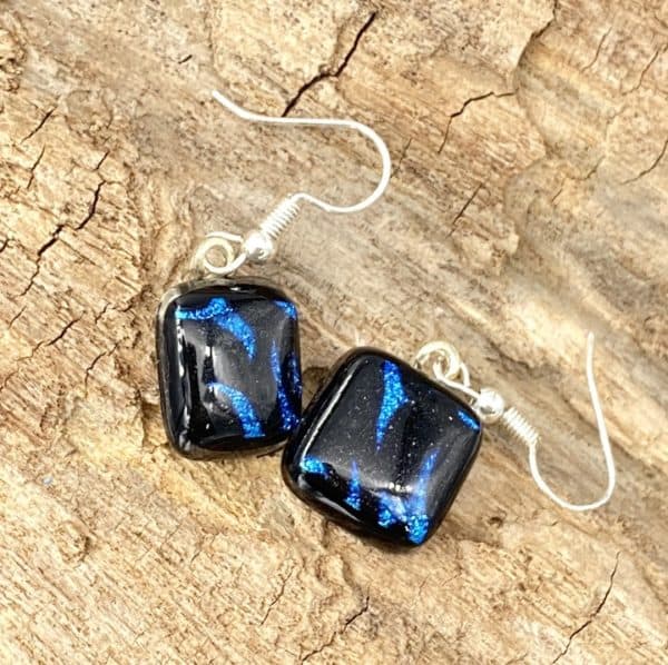 square black dangle earrings with blue and purple accents