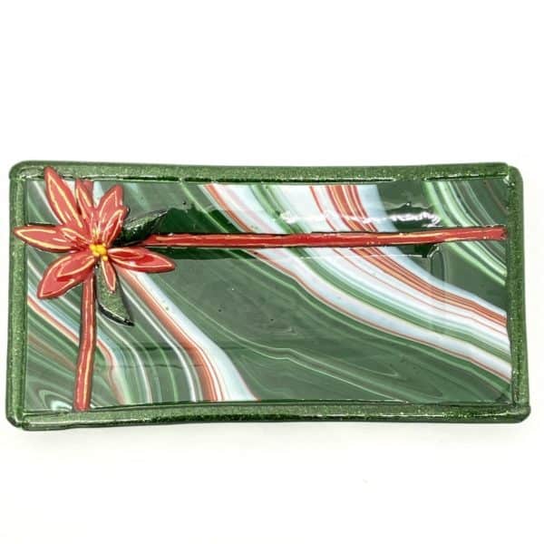 glass cheese and cracker tray red, green and white swirl glass with a red "ribbon" accent and a poinsettia with gold accents in the corner