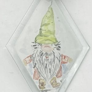 hand painted gnome wearing a green hat on 3" diamond shaped ornament